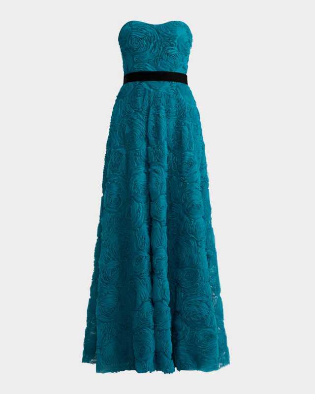 Strapless Rosette Applique Tulle Gown
